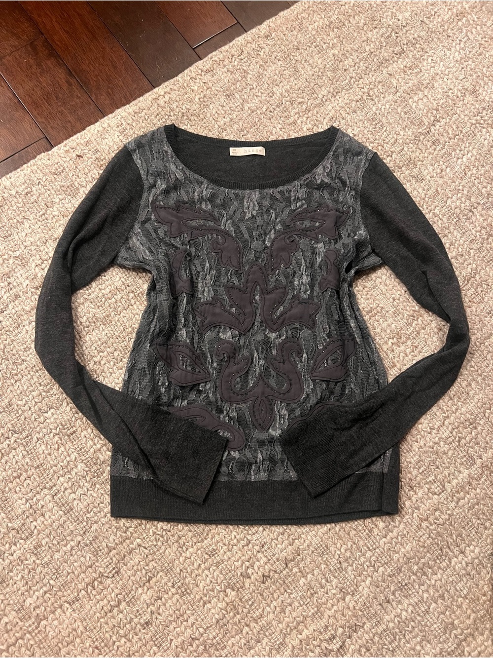 hinge Dark Gray Embellished Scoop Neck Sweater